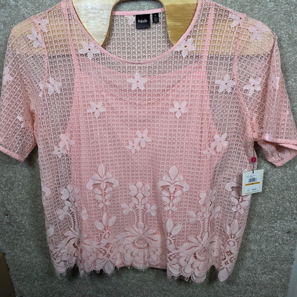 Rafaella Lace Top Womens 3X Pink Floral Mesh Short Sleeve Camisole Set Romantic